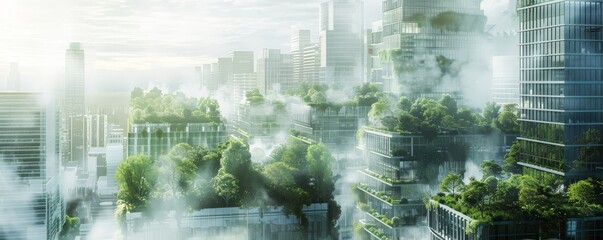 Futuristic cityscape blanketed in lush greenery and mist, blending urban and natural elements seamlessly for a stunning vision of eco-friendly architecture.