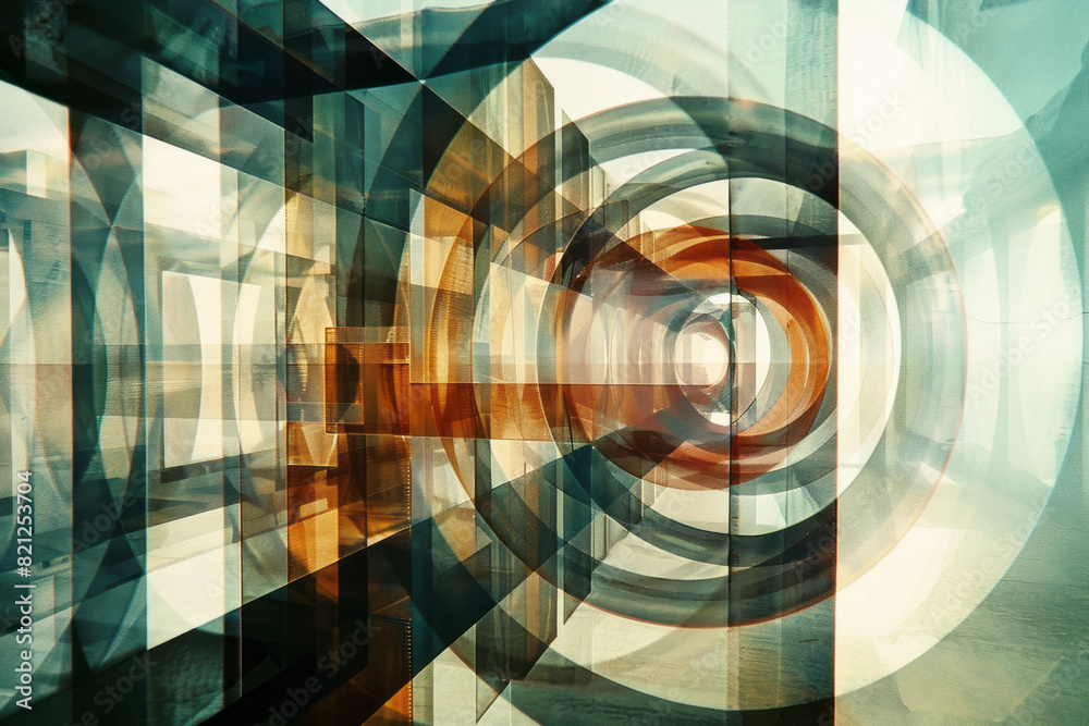 Poster Illustration using transparent circles and squares, their intersections forming complex, geometric patterns,