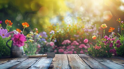 A wooden table adorned with an array of vibrant flowers and garden tools, set against a blurred natural backdrop. Generative AI