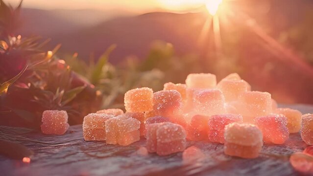 Medical hemp CBD-infused rainbow gummy candy on a wooden table in a natural hemp garden