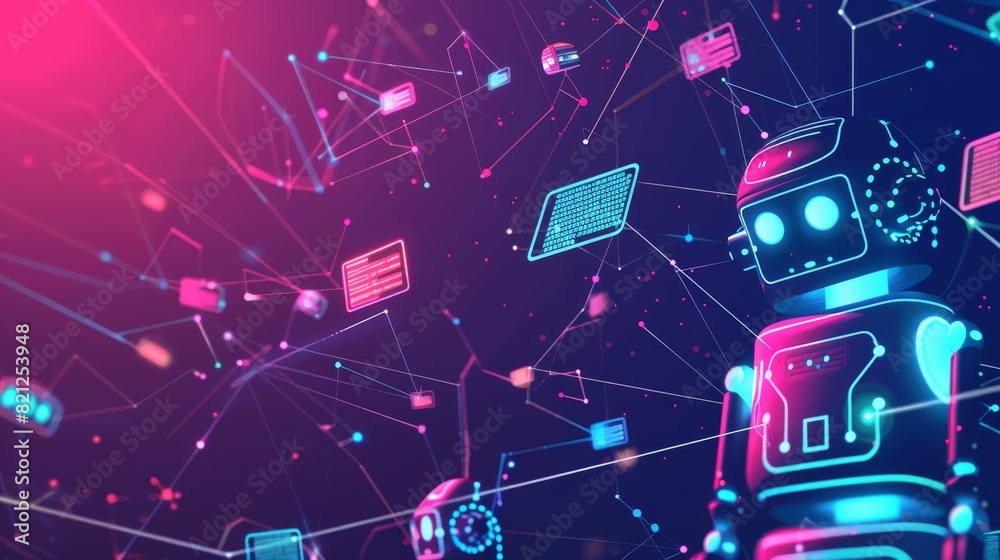 Poster futuristic robot with digital network connections, representing artificial intelligence and technolo