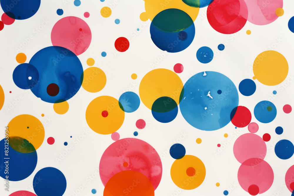 Poster illustration featuring large and small circles in vibrant primary colors, scattered randomly on a wh