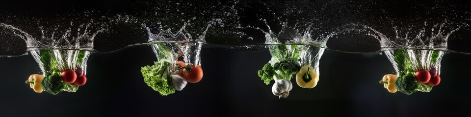 A series of vegetables are floating in water
