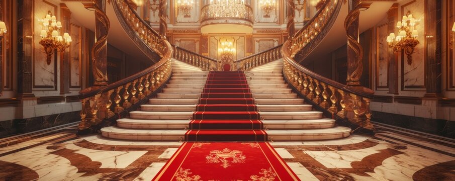 Grand palace staircase with luxurious red carpet, ornate chandeliers, and intricate marble design, exuding opulence and elegance.
