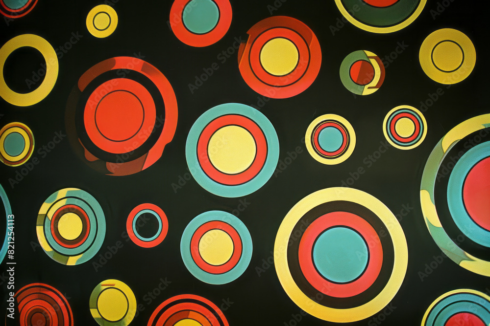 Poster Artistic depiction of multicolored circles forming a spiral pattern on a black background, emphasizing contrast,
