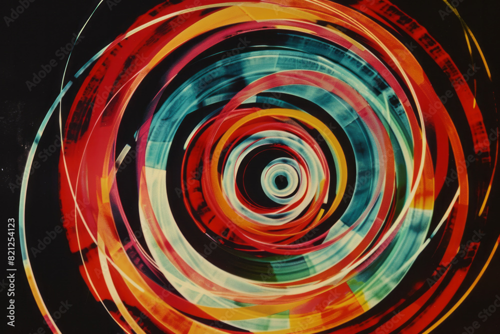 Poster Artistic depiction of multicolored circles forming a spiral pattern on a black background, emphasizing contrast,