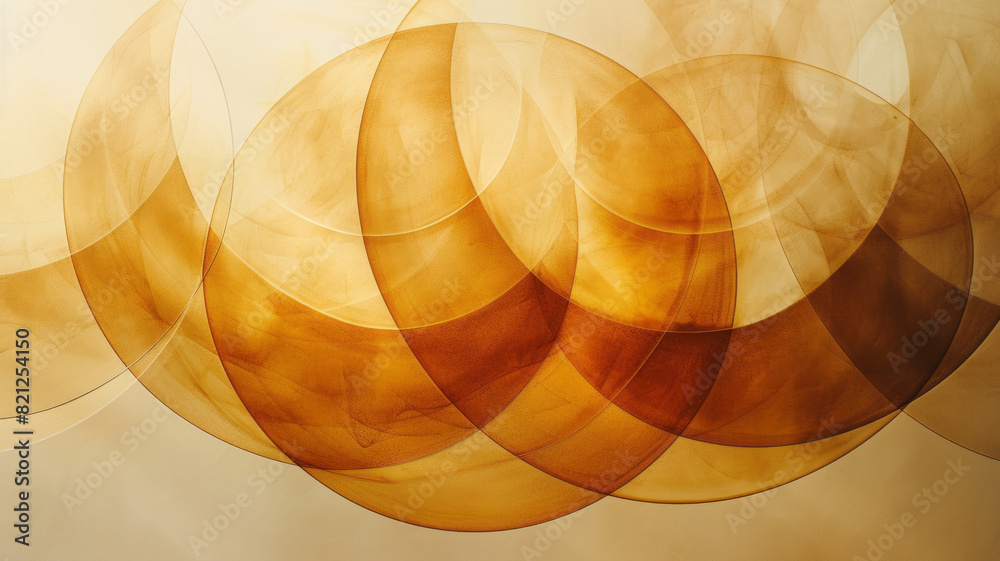 Poster Composition of large, translucent circles in earthy tones, overlapping on a beige background to create a layered effect,