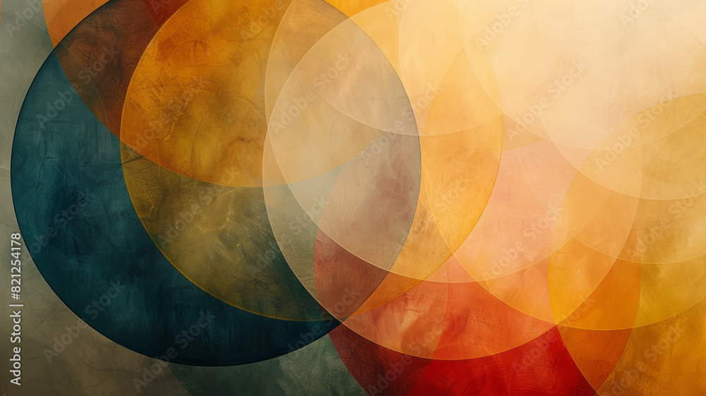 Poster Composition of large, translucent circles in earthy tones, overlapping on a beige background to create a layered effect,
