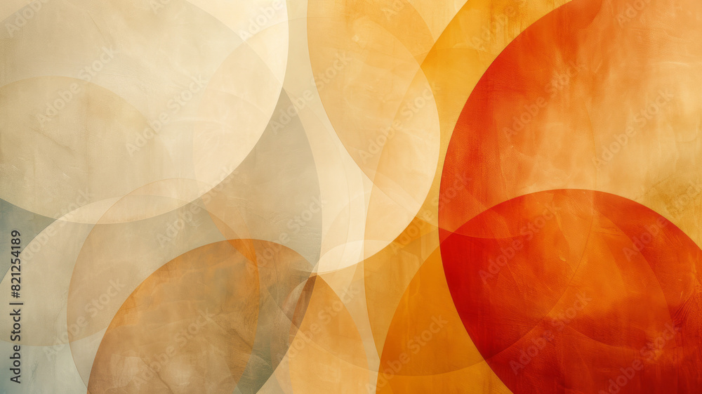 Poster Composition of large, translucent circles in earthy tones, overlapping on a beige background to create a layered effect,