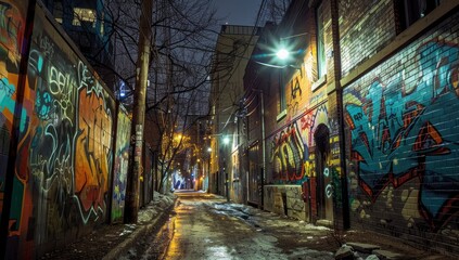 Nighttime Urban Alley with Graffiti Art