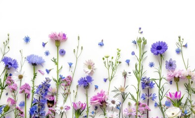 A white background with purple and blue wildflowers at the bottom, leaving space for text in the center Generative AI