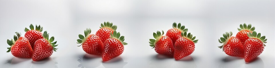 Four strawberries are shown in a row, with one of them cut in half