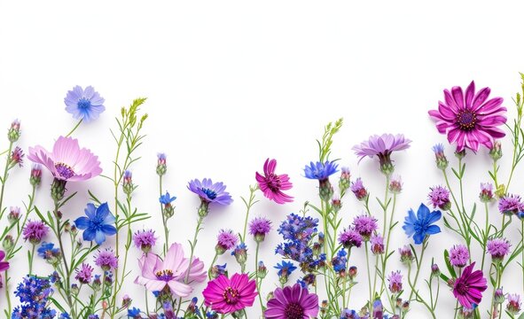 A border of purple and blue wildflowers, including daisies and cornflowers, is arranged in an isolated white background with space for text Generative AI