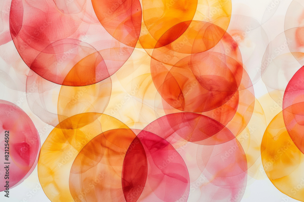 Poster composition with circles in warm colors (reds, oranges, yellows), overlapping on a white background 