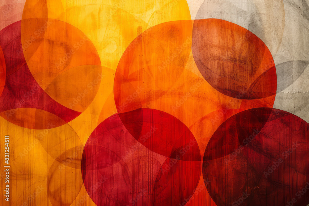 Poster composition with circles in warm colors (reds, oranges, yellows), overlapping on a white background 