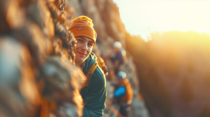 A man wearing a green jacket and a yellow hat is standing in front of a rock wall.  - Powered by Adobe