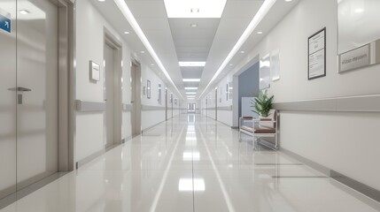 Modern, bright hospital hallway with glossy floors, multiple doors, and clean, minimalist design. Empty corridor showcases hygiene and order.