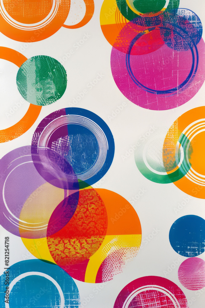 Poster artistic depiction of circles in various bright colors, forming a concentric pattern on a white back