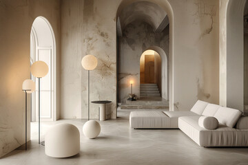 Home , contemporary minimalist living room interior with white sofa