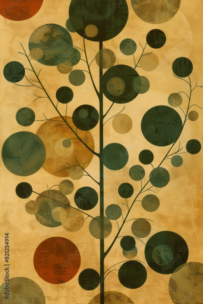 Aufkleber Abstract design with circles in earthy greens and browns, forming a tree-like pattern on a light brown background,