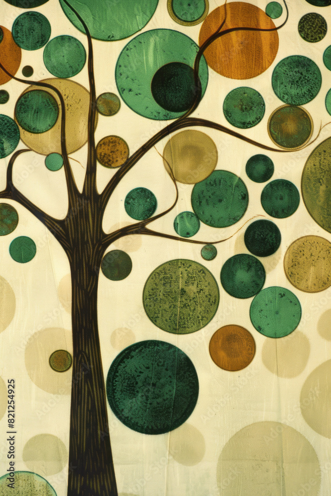 Aufkleber abstract design with circles in earthy greens and browns, forming a tree-like pattern on a light bro