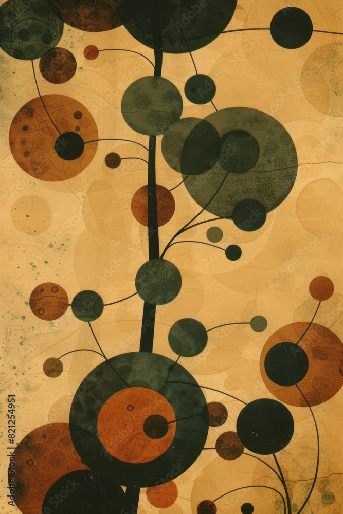 Poster abstract design with circles in earthy greens and browns, forming a tree-like pattern on a light bro