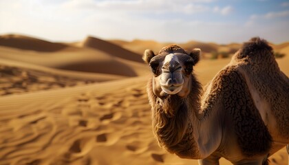 Camel in the Desert with Sand Dunes Background