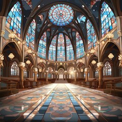 Obraz premium cathedral interior, beautiful stained glass windows, colorful lights from stained glass windows, athmotheric