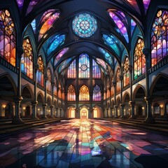 Obraz premium cathedral interior, beautiful stained glass windows, colorful lights from stained glass windows, athmotheric