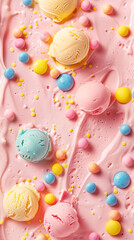 Top view of colorful ice cream scoops with sprinkles and candy on pink background