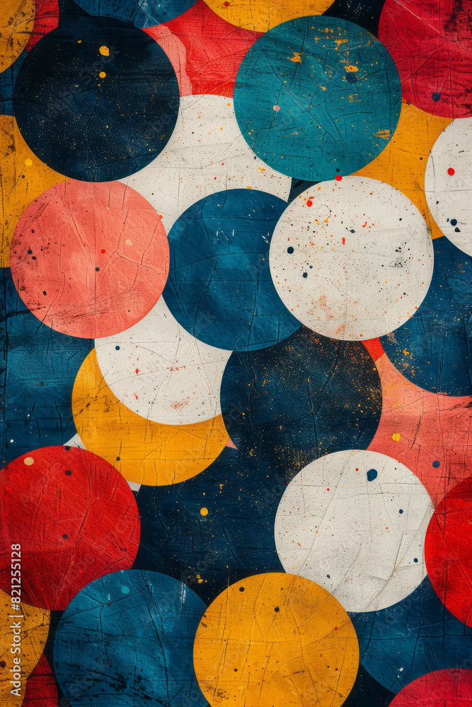 Poster Abstract design with circles in bold primary colors, forming a geometric pattern on a white background,