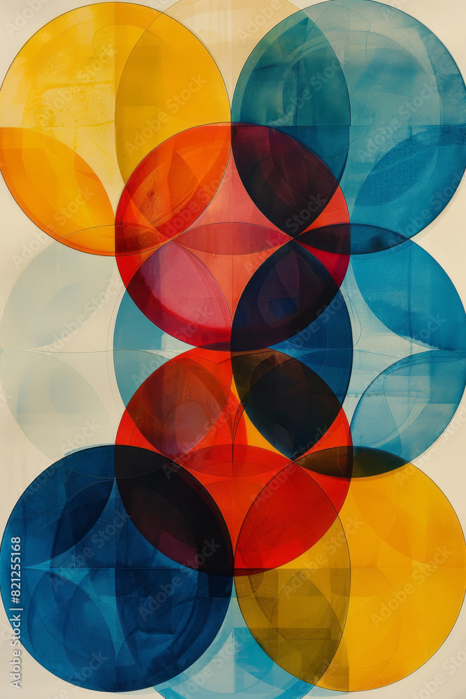 Poster Abstract design with circles in bold primary colors, forming a geometric pattern on a white background,