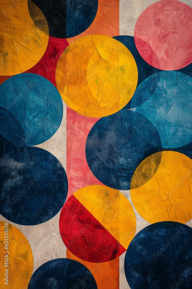 Poster Abstract design with circles in bold primary colors, forming a geometric pattern on a white background,