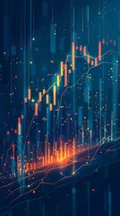 A digital illustration of stock market analysis with candlesticks and trend lines in an abstract style
