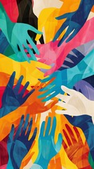 Vibrant abstract artwork with colorful hands in various shades overlapping in a sign of unity and diversity