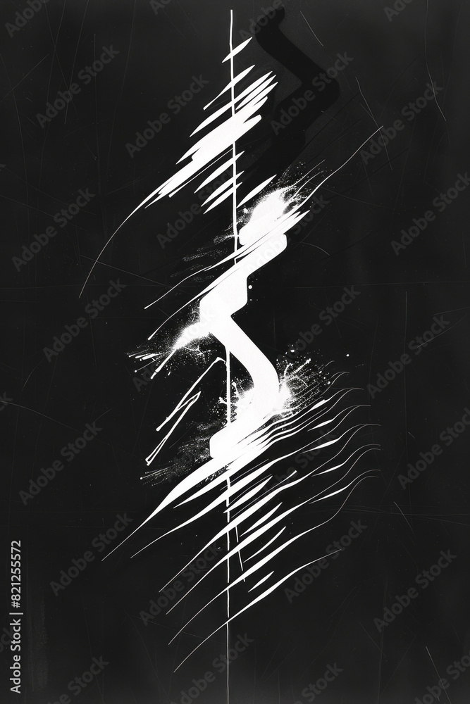 Poster minimalist illustration with thin, white zigzag lines on a black background, creating a sleek and dy