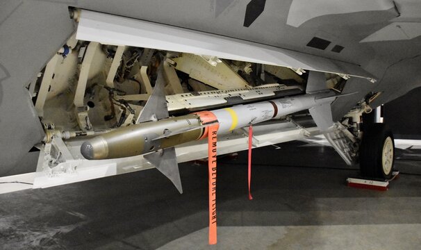 An Air Force AIM-9 Sidewinder missile on an F-22 Raptor jet fighter. The Sidewinder is an air-to-air missile designed for dog-fighting.