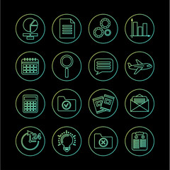 set of linear green neon vector business icons