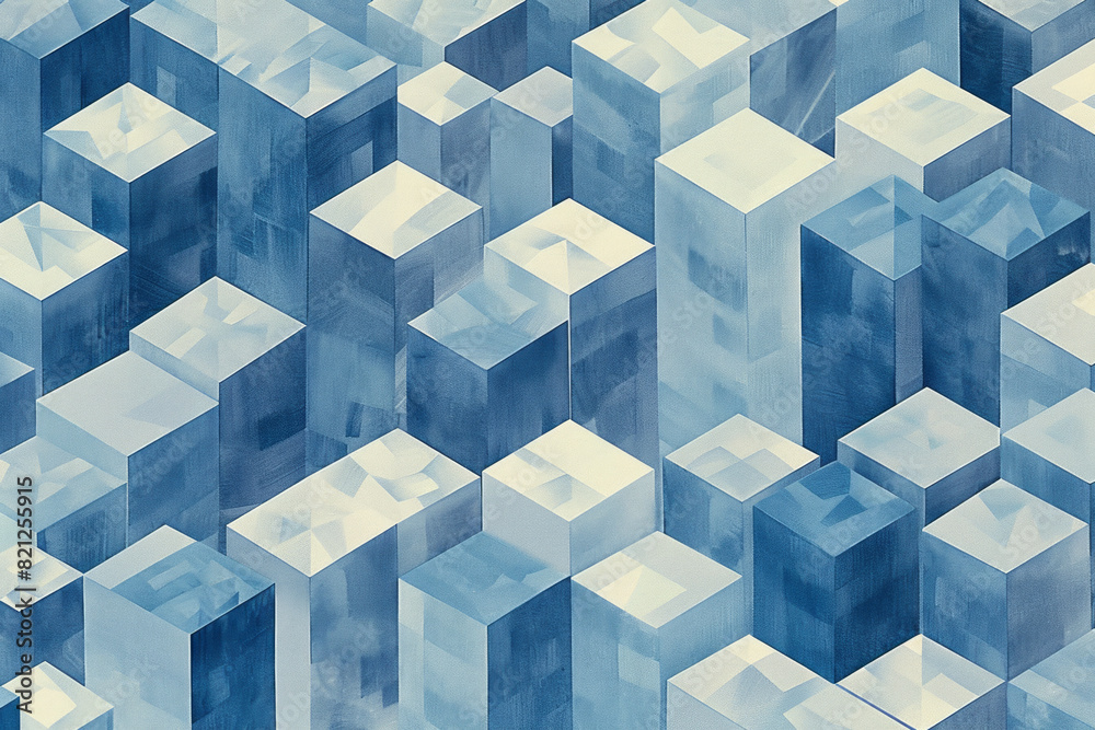 Poster illustration featuring a pattern of isometric cubes in shades of blue and grey, creating a sleek and