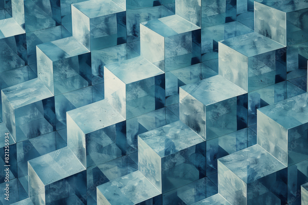 Poster illustration featuring a pattern of isometric cubes in shades of blue and grey, creating a sleek and