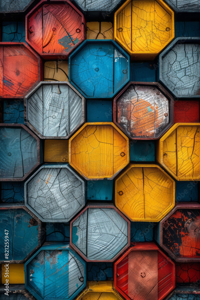 Poster composition with colorful isometric hexagons arranged in a honeycomb pattern, adding depth and visua
