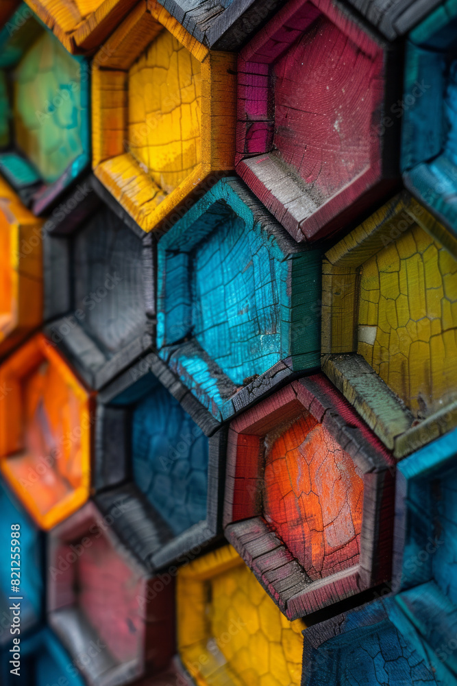 Poster composition with colorful isometric hexagons arranged in a honeycomb pattern, adding depth and visua