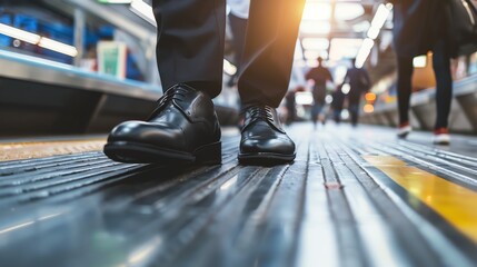 Fototapeta premium Close-up of a man's feet wearing black leather shoes on a moving walkway.