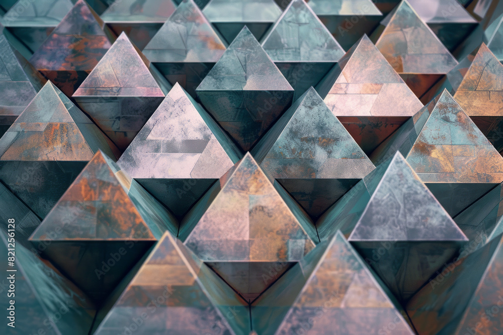 Fototapete artistic rendering of isometric pyramids in metallic hues, arranged in a geometric pattern for a sop