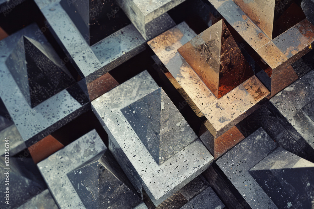Fototapete artistic rendering of isometric pyramids in metallic hues, arranged in a geometric pattern for a sop