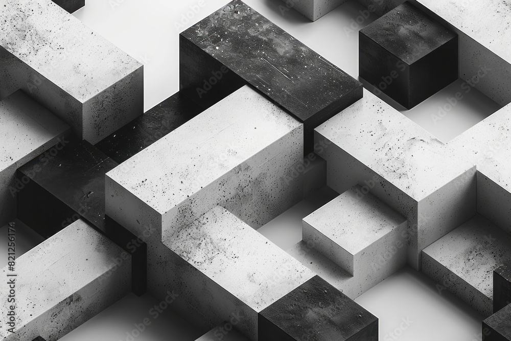 Poster minimalist illustration with isometric shapes in black and white, creating a high-contrast and moder