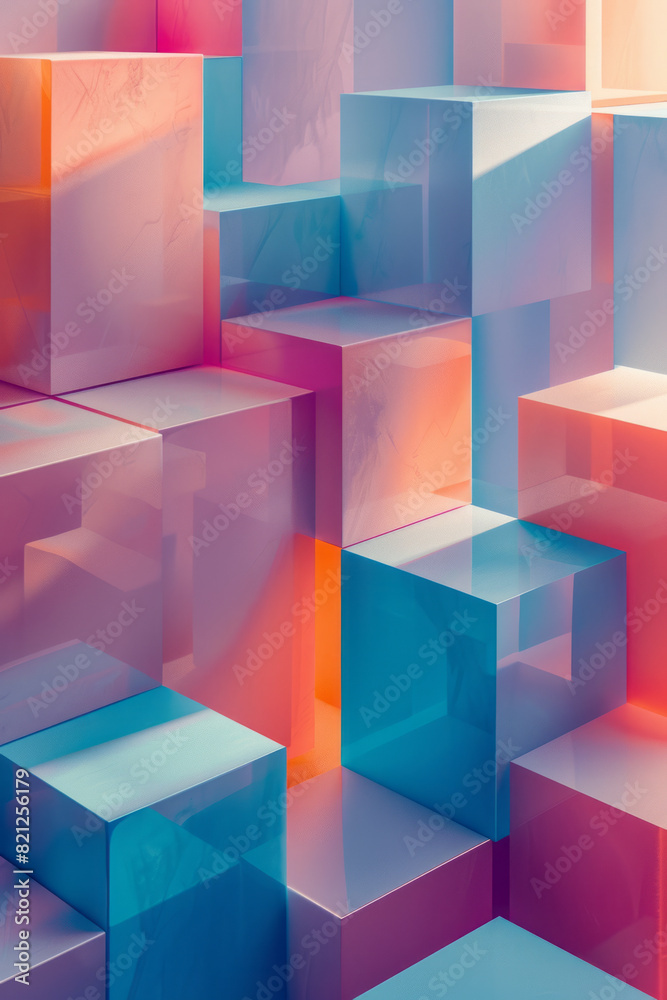 Aufkleber illustration with overlapping isometric cubes in pastel colors, creating a soft and contemporary bac