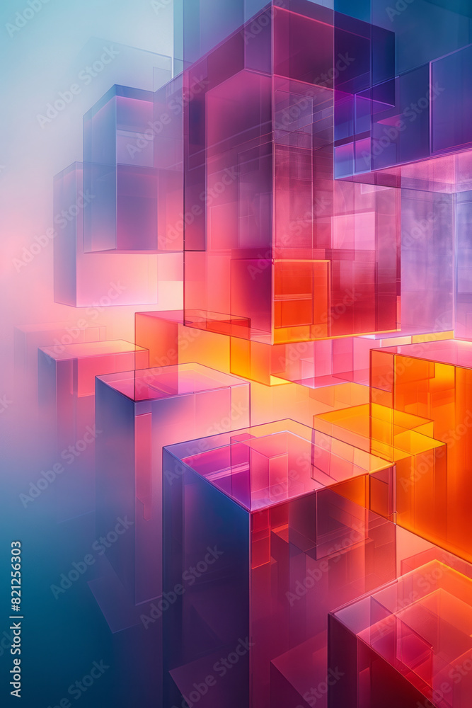 Poster abstract composition with isometric cubes in gradient shades, transitioning smoothly to create a sen