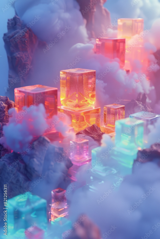 Aufkleber Abstract composition with isometric cubes in gradient shades, transitioning smoothly to create a sense of movement,