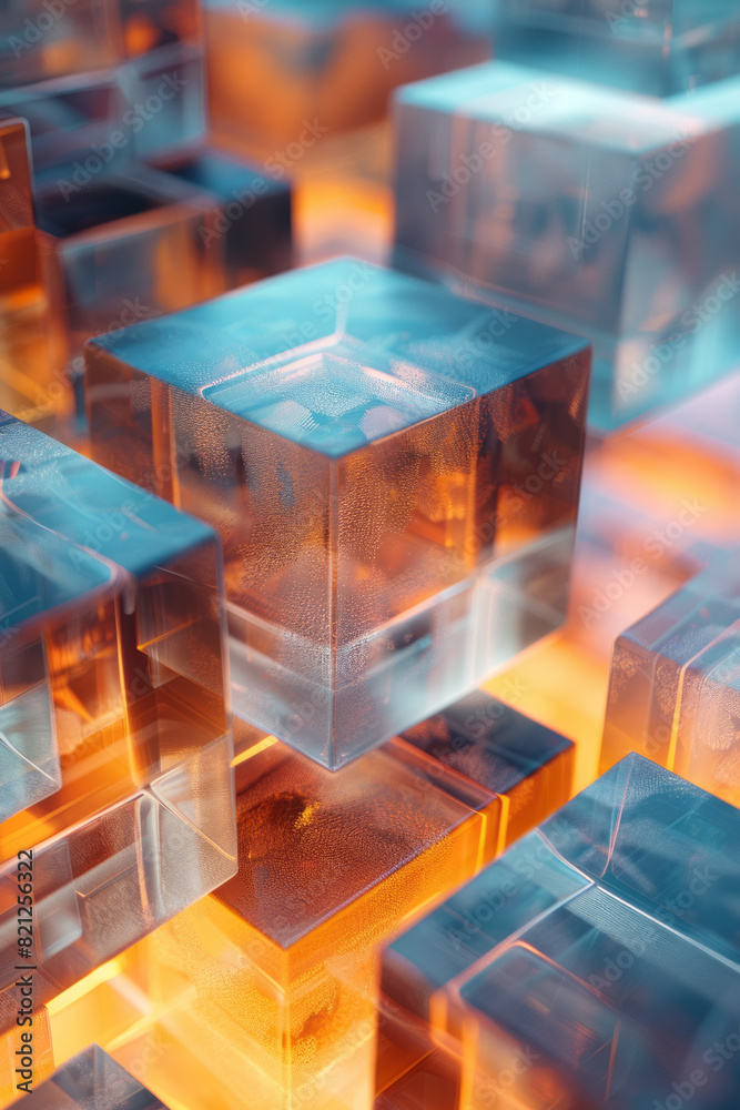 Poster abstract composition with isometric cubes in gradient shades, transitioning smoothly to create a sen